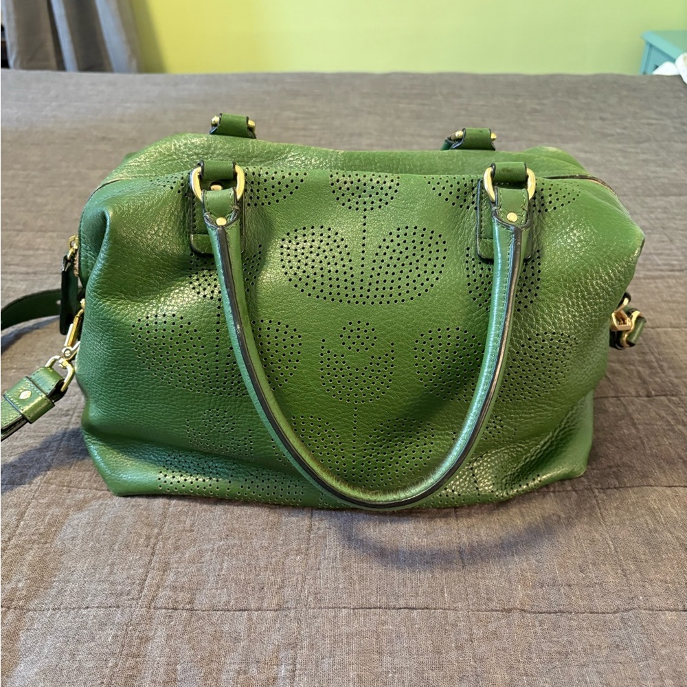 Orla Kiely Green Leather Stem Punch Satchel